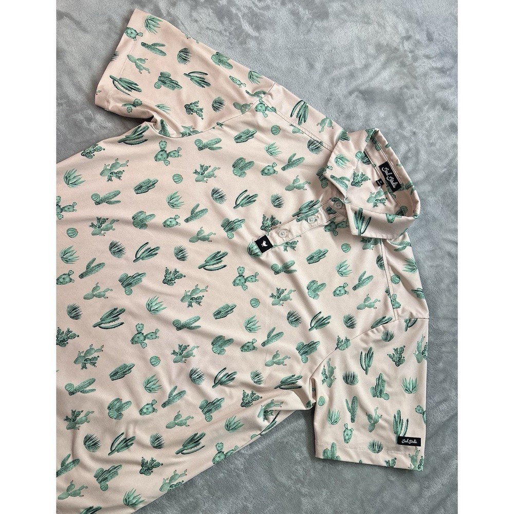 Bad Birdie Polo Shirt Mens Medium Pink Western Cactus Agave Golf Print Stretch